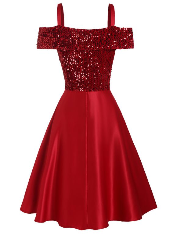 Mini Robe de Soirée Ligne A à Epaule Dénudée avec Nœud Papillon à Paillettes - Rouge L
