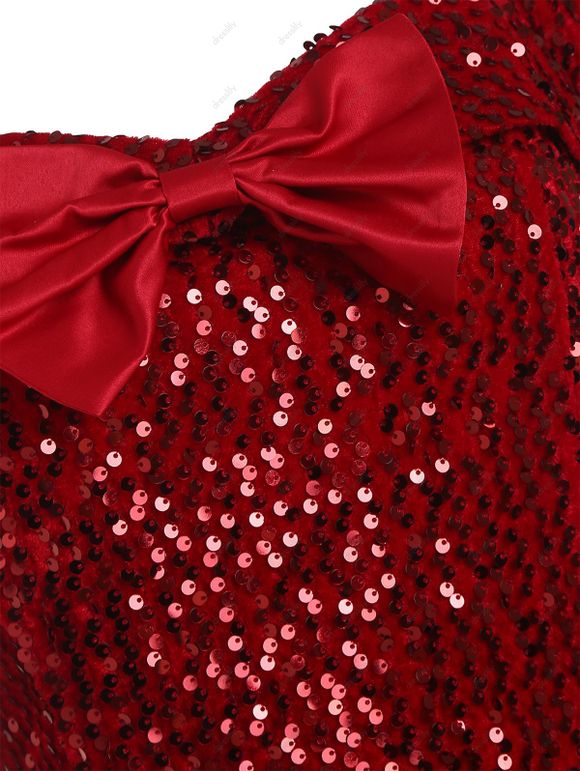 Mini Robe de Soirée Ligne A à Epaule Dénudée avec Nœud Papillon à Paillettes - Rouge L