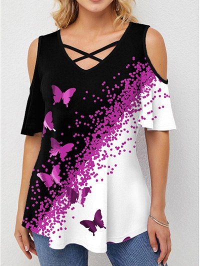 Cold Shoulder T Shirt Colorblock T Shirt Butterfly Print Crisscross Summer Casual Tee - PURPLE 2XL