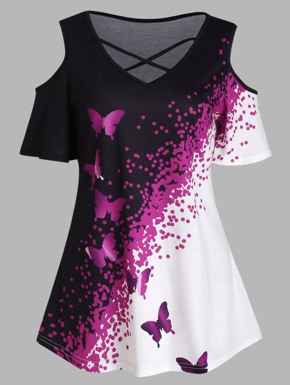 T-shirt Décontracté Croisé à Imprimé Papillon en Blocs de Couleurs à Epaule Ouverte - Pourpre XL