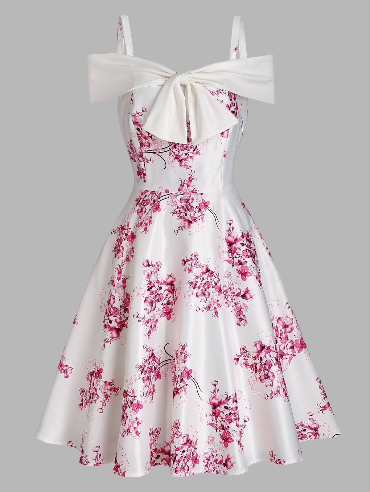 Flower Print Party Dress Cold Shoulder Mini Dress Bowknot Front A Line Dress - LIGHT PINK M