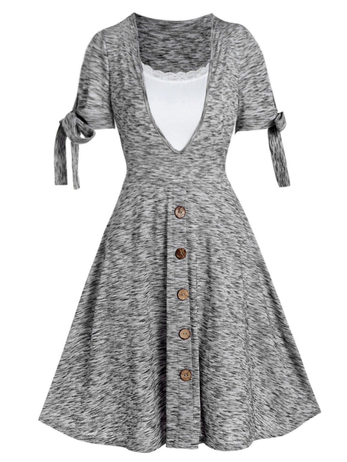 Space Dye Dress Mock Button Bowknot Lace Panel High Waist Summer A Line Mini Dress - LIGHT GRAY M