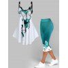 Butterfly Print Lace Ruffles Tank Top And Ombre Print Colorblock Capri Leggings Summer Outfit - GREEN S