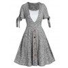 Space Dye Dress Mock Button Bowknot Lace Panel High Waist Summer A Line Mini Dress - LIGHT GRAY M