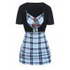 Plaid T Shirt Ruched 2 In 1 T-shirt Short Sleeve Mock Button Twofer Tee - LIGHT BLUE M