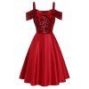 Sparkly Sequins Party Dress Cold Shoulder Mini Dress Bowknot A Line Dress - RED XL