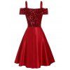 Sparkly Sequins Party Dress Cold Shoulder Mini Dress Bowknot A Line Dress - RED 2XL
