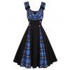 Vintage Dress Plaid Print Dress Bowknot Surplice Mock Button High Waist A Line Mini Dress - BLUE XL