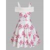 Flower Print Party Dress Cold Shoulder Mini Dress Bowknot Front A Line Swing Dress - LIGHT PINK XL