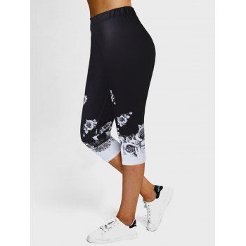 

Colorblock Flower Print Capri Leggings High Waist Cropped Leggings, Black