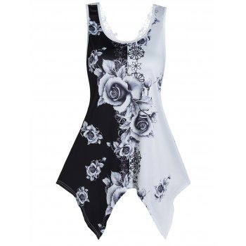 

Gothic Tank Top Two Tone Rose Flower Print Tank Top Lace Insert Asymmetric Tank Top, Black