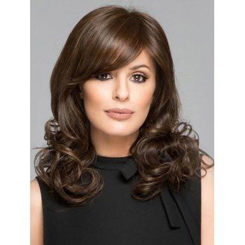

Long Side Bang Curly Heat Resistant Synthetic Wig, Deep coffee