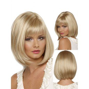 

Short Full Bang Straight Bob Heat Resistant Synthetic Wig, Light yellow