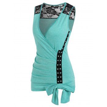 

Bowknot Eyelet Rose Lace Panel Surplice Tank Top, Light green