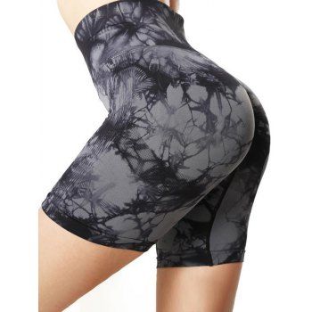 

Tie Dye Print Yoga Shorts Wide Textured High Waist Sports Scrunch Butt Shorts, Black