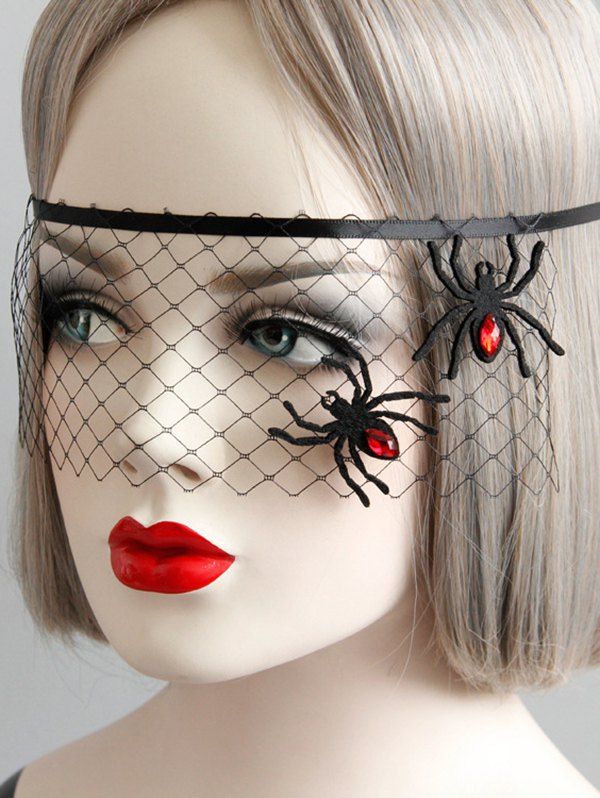 Masque de Visage D'Halloween en Maille Transparente Motif Araignée en Strass - Noir 