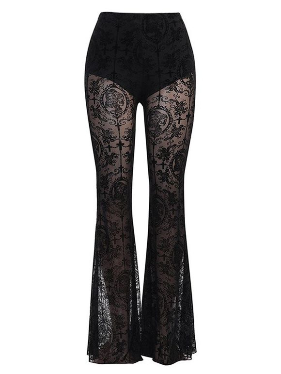 Pantalon Gothique Long en Dentelle Transparente à Taille Haute Elastique - Noir M