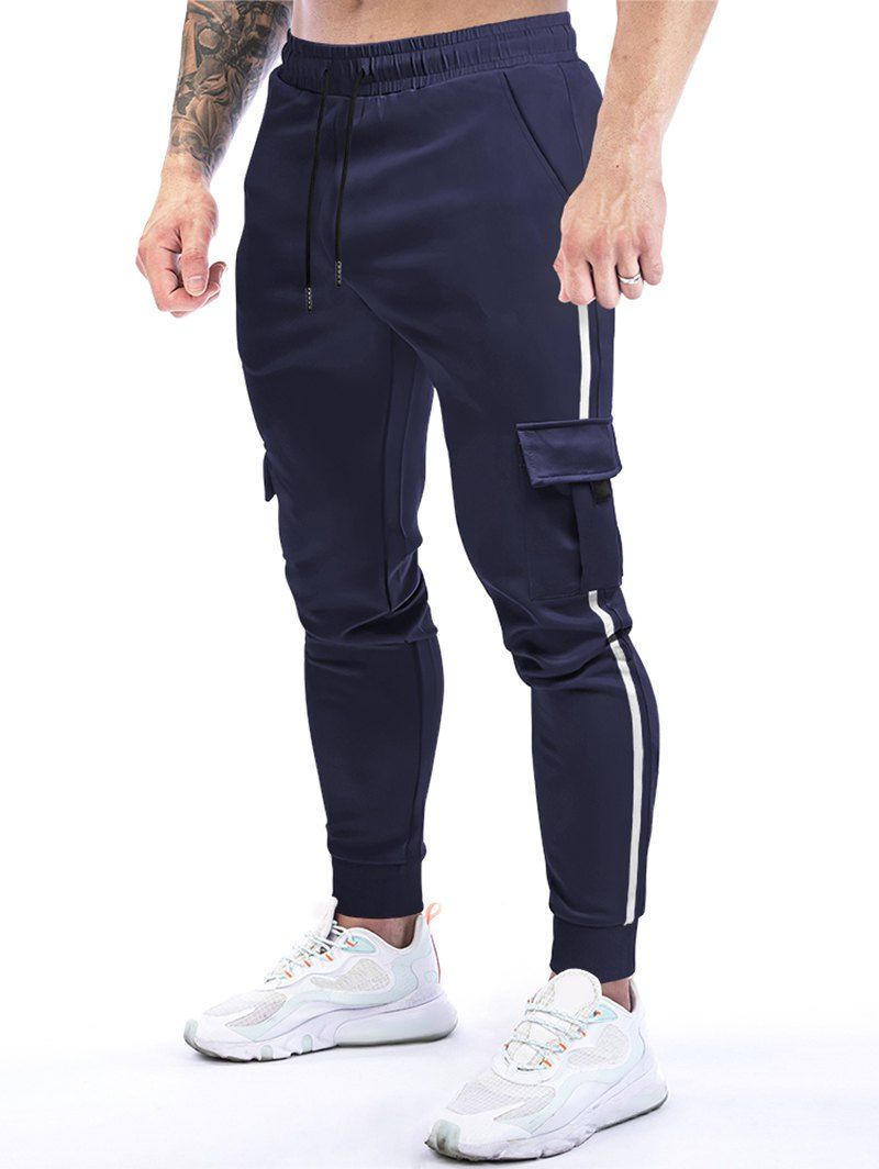 Sports Sweatpants Drawstring Pockets Beam Feet Striped Casual Long Jogger Pants - DEEP BLUE XXL