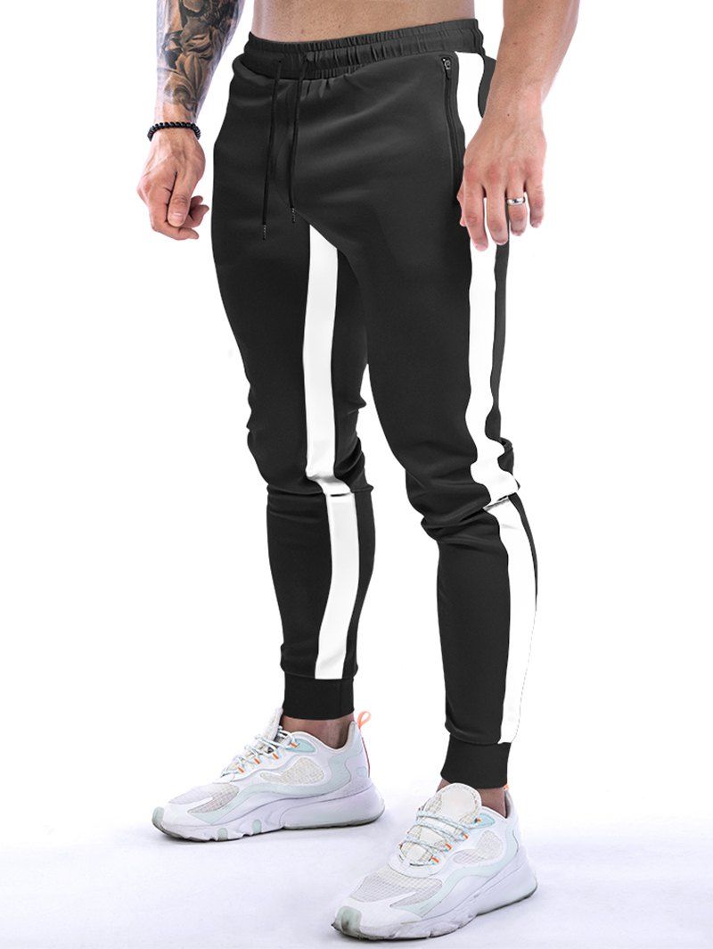 Pantalon de Jogging Décontracté Long en Blocs de Couleurs Zippé à Pieds Etroits à Cordon - Noir S