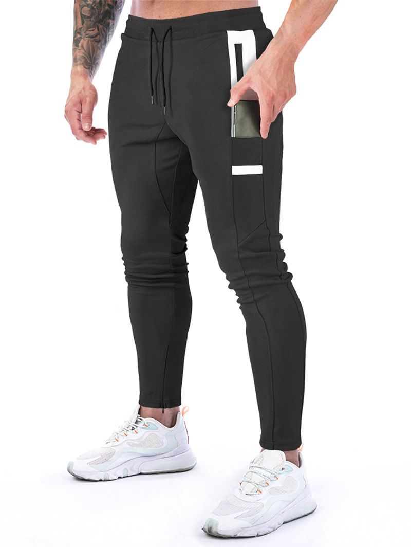 Pantalon de Jogging de Sport Décontracté Long Jointif avec Poches à Cordon - Noir L