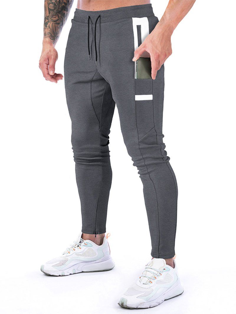 Pantalon de Jogging de Sport Décontracté Long Jointif avec Poches à Cordon - Gris Foncé S