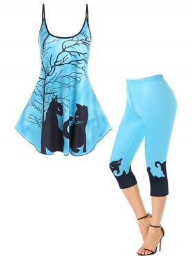 Gothic Black Cat Tree Branches Print Tank Top And Colorblock Capri Leggings Summer Outfit