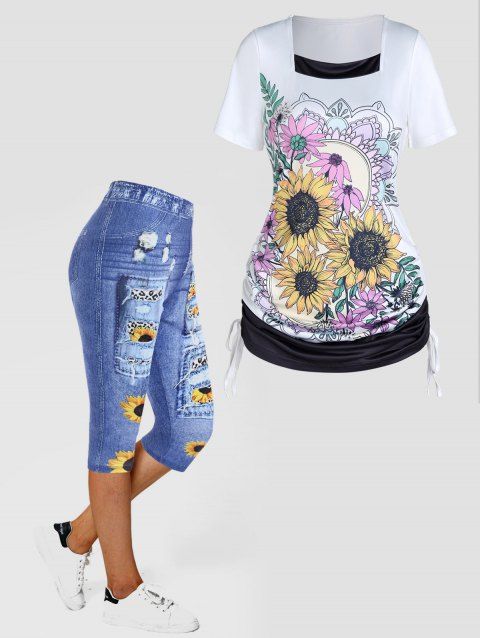 Sunflower Print Cinched Tie Colorblock Short Sleeve T Shirt And Ripped Denim 3D Print Cropped Jeggings Casual Outfit