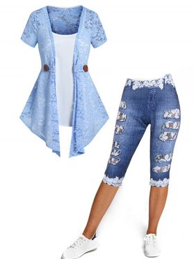 See Thru Open Front Flower Lace Top Pure Color Camisole Set And Denim 3D Print Cropped Jeggings Casual Outfit