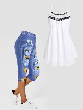 Floral Lace Insert Cut Out Skirted Cami Top And Sunflower Ripped Denim 3D Print Cropped Jeggings Outfit