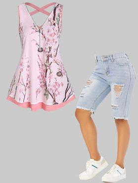 Peach Blossom Print Half Zipper Cross Cut Out Heathered Tank Top And Ripped Frayed Hem Denim Shorts Outfit