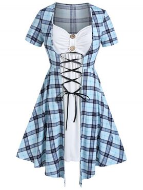 Plus Size Dress Plaid Print Contrast Faux Twinset Dress Lace Up Asymmetric Dress Mock Button Ruched Bust Mini Dress