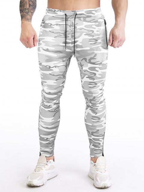 Pantalon de Sport à Imprimé Camouflage Zippé Taille Elastique à Cordon