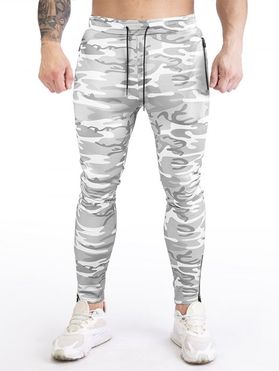 Pantalon de Sport à Imprimé Camouflage Zippé Taille Elastique à Cordon