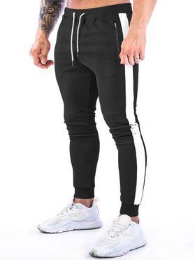 Colorblock Striped Trim Sport Sweatpants Zipper Pockets Drawstring Elastic Waist Casual Jogger Pants