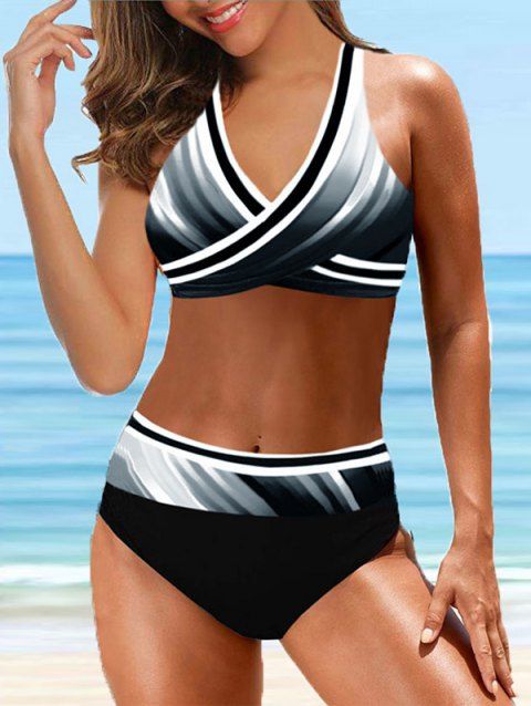 Colorful Stripe Print Bikini Swimsuit Cut Out Detail Beach Swimwear Set Padded Two Piece Bathing Suit