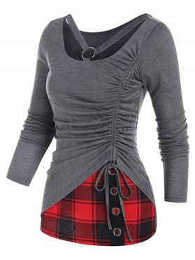 Casual Faux Twinset T Shirt Plaid Insert Grommet Cinched Cut Out Long Sleeve Tee