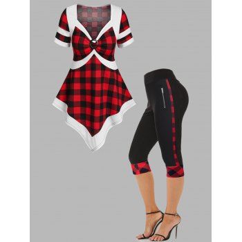Plaid Print Colorblock O Ring Asymmetric T Shirt And High Waist Skinny Cropped Leggings Summer Outfit