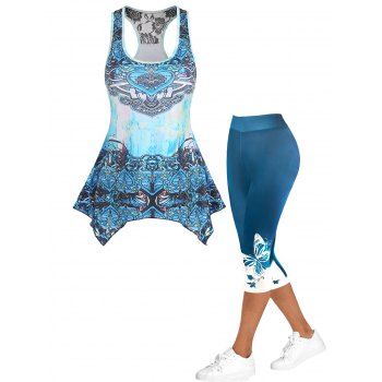 

Tribal Heart Flower Print Asymmetric Tank Top And Colorblock Ombre Butterfly Print Skinny Cropped Leggings Summer Outfit, Blue