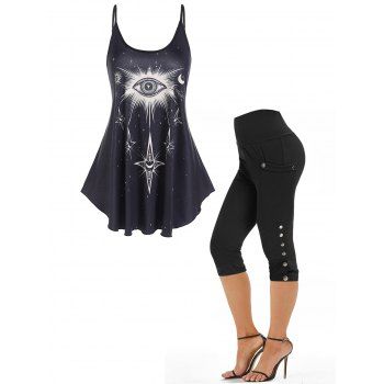

Eye Celestial Sun Moon Print Strappy Tank Top And High Waist Mock Button Skinny Leggings Summer Outfit, Black
