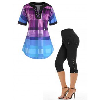 

Ombre Plaid Print Lace Up Short Sleeve T Shirt And High Waist Mock Button Pockets Cropped Pants Outfit, Multicolor