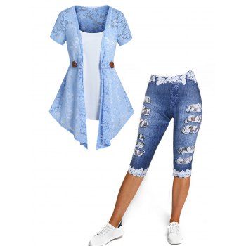 

See Thru Open Front Flower Lace Top Pure Color Camisole Set And Denim 3D Print Cropped Jeggings Casual Outfit, Light blue