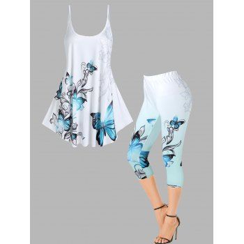 

Flower Butterfly Print Adjustable Spaghetti Strap Tank Top And Ombre Skinny Capri Leggings Summer Outfit, White