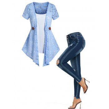 See Thru Open Front Flower Patterned Lace Top Pure Color Camisole And Button Fly Design Ripped Dark Wash Jeans Outfit