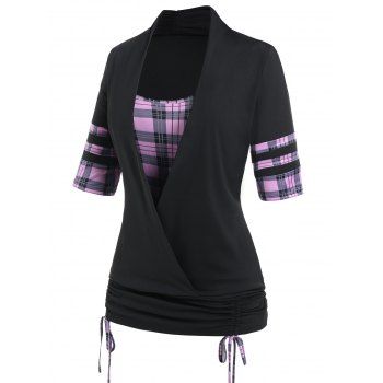 

Plus Size & Curve T Shirt Plaid Print Faux Twinset T-shirt Cinched Tie Crossover Tee, Black