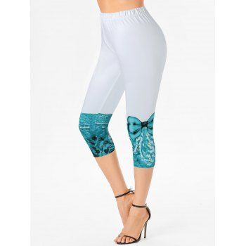 

Colorblock Bowknot Print Capri Leggings High Waist Skinny Cropped Leggings, Light green