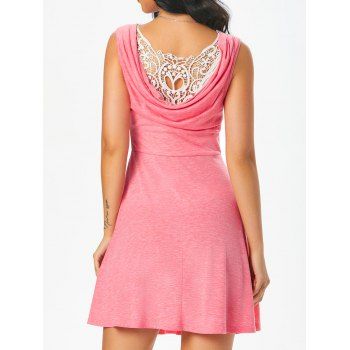 

Casual Dress Hollow Out Lace Insert Draped V Neck High Waisted A Line Mini Dress, Light pink