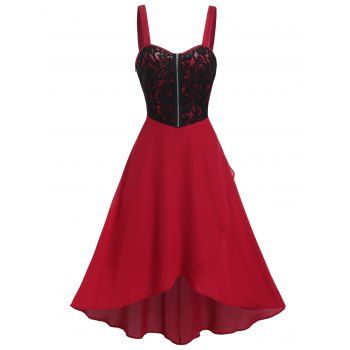 

Flower Lace Panel Party Dress Zip Detail Overlap A Line Dress Backless Midi Dress, Deep red