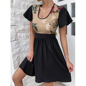 

Casual Dress Embroidery Leaf Floral Dress Mesh Overlay High Waisted A Line Mini Dress, Black