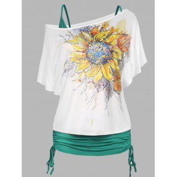 

Plus Size Top Feather Sunflower Print Dream Catcher T Shirt and Cinched Cami Top Two Piece Set, White