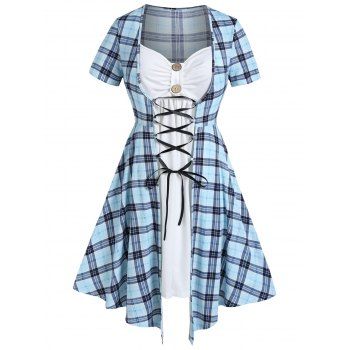 

Plus Size Dress Plaid Print Contrast Faux Twinset Dress Lace Up Asymmetric Dress Mock Button Ruched Bust Mini Dress, Light blue